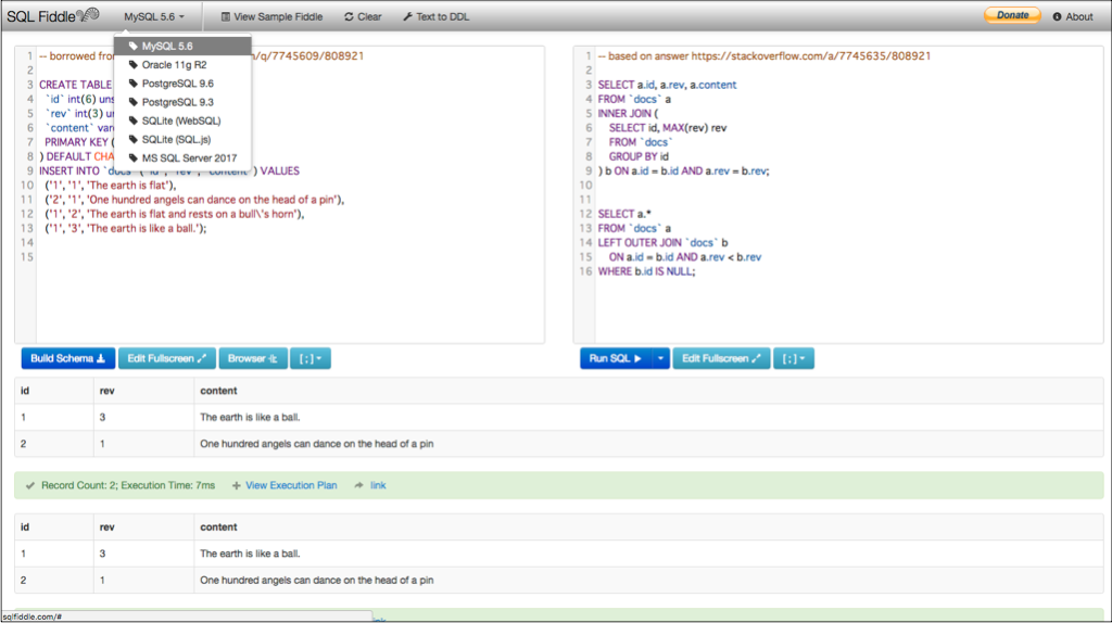 SQL Fiddleの画面